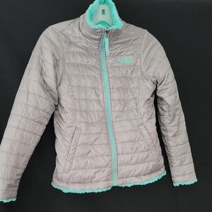 The North Face Girls Reversible Light Gray Puffer with Aqua Trim
